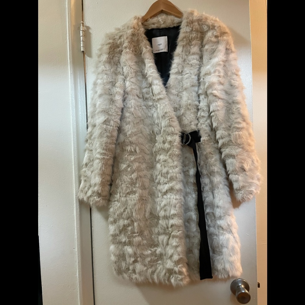Mango Beige Faux Fur Coat S